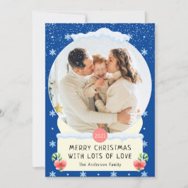 Invitación Fun Blue Merry Christmas Snow Globe Photo Card