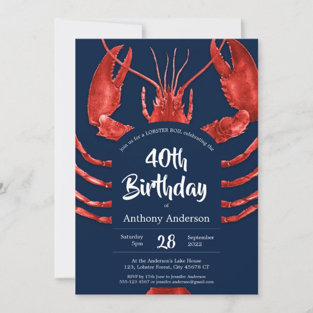 Invitación Fun Blue Personalizado Lobster Boil fiesta de cump (Anverso)