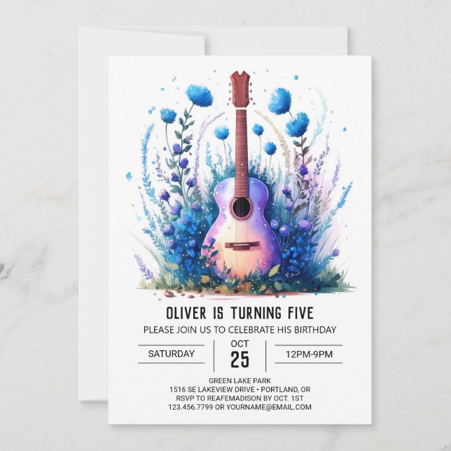 Invitación Fun Boho Guitar Boy Cumpleaños (Anverso)