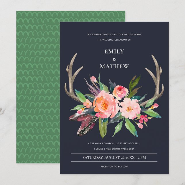 INVITACIÓN FUN BOHO NAVY RUBOR ANTLER FLORAL COUNTRING (Anverso / Reverso)