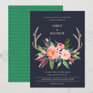 INVITACIÓN FUN BOHO NAVY RUBOR ANTLER FLORAL COUNTRING