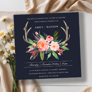 INVITACIÓN FUN BOHO NAVY RUBOR ANTLER FLORAL COUNTRING