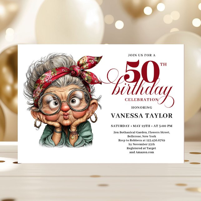 Invitación Fun bold 50th birthday woman whimsical invitation (Fun bold 50th birthday woman whimsical invitation)