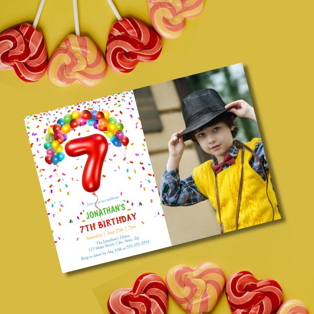 Invitación Fun Bright Confetti Balloons Foto 7 cumpleaños (Subido por el creador)