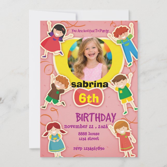 Invitación Fun Cartoon Birthday Invitation – Colorful Kids  (Anverso)