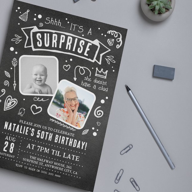 Invitación Fun Chalkboard Doodle 2 Foto Surprise Cumpleaños (Subido por el creador)