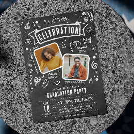 Invitación Fun Chalkboard Doodle Doble Graduación
