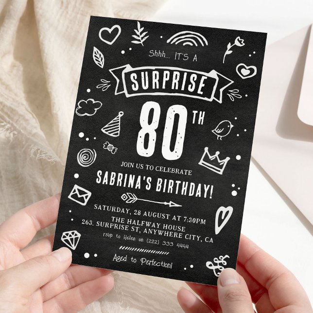 Invitación Fun Chalkboard Doodle Surprise 80th Birthday (Subido por el creador)