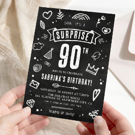 Invitación Fun Chalkboard Doodle Surprise 90th Birthday