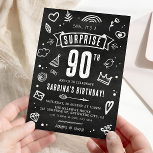 Invitación Fun Chalkboard Doodle Surprise 90th Birthday