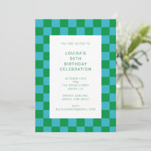 Invitación Fun Checkerboard Blue Green Geometric Birday