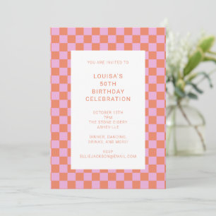 Invitación Fun Checkerboard Naranja rosa Geométrico Cumpleaño