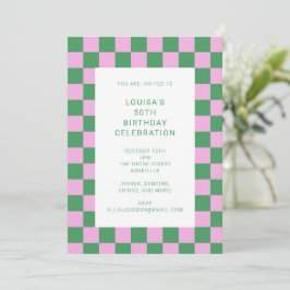 Invitación Fun Checkerboard Pink Green Geometric Birday