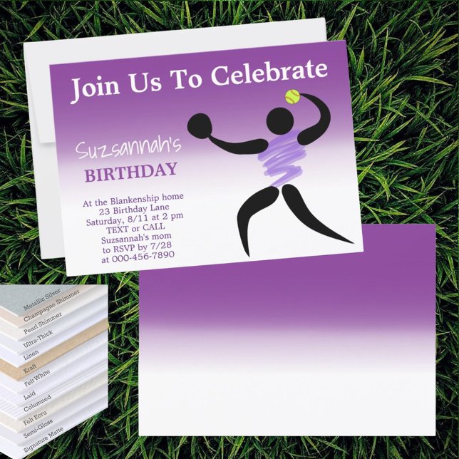 Invitación Fun Chicas Personalizado de Softball Partido del C (front invitation template gradient purple back)