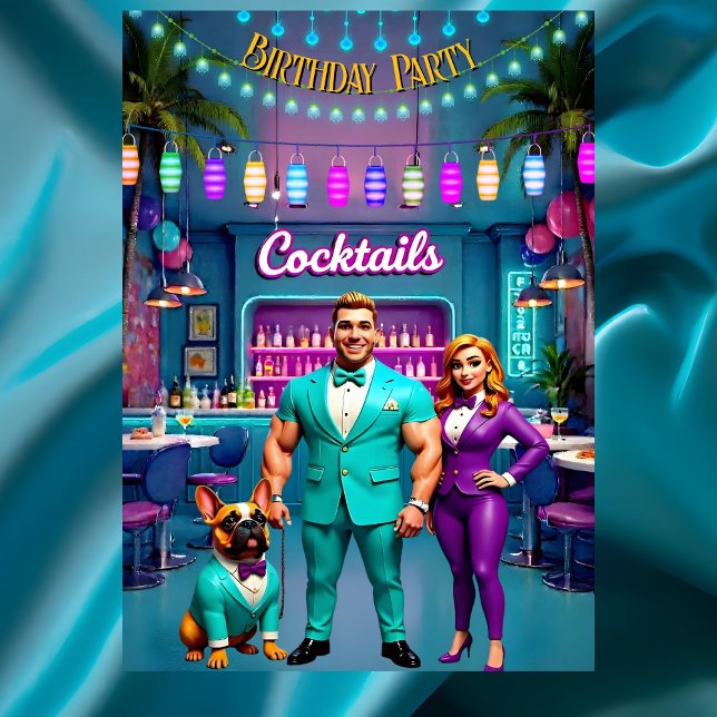 Invitación Fun Cocktail Bar Birthday Party Couple Bulldog (Subido por el creador)