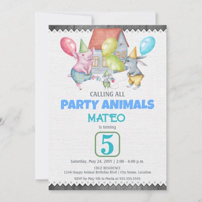 Invitación Fun Colorful Fiesta Animals Cumpleaños (Anverso)