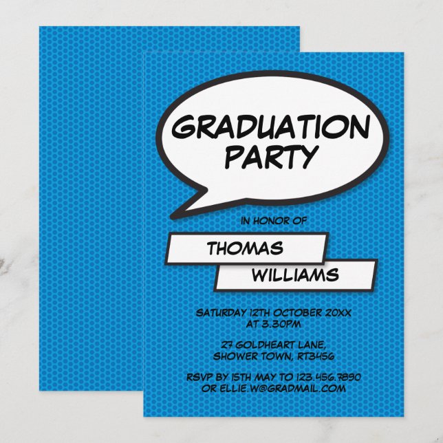 Invitación Fun Comic Book Blue Class of 2022 Graduation Party (Anverso / Reverso)