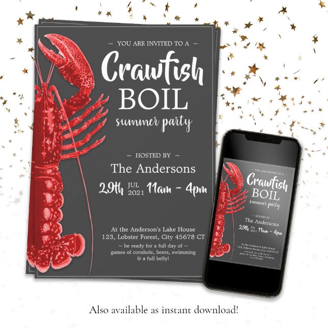 Invitación Fun Crawfish hierve Fiesta verano gris oscuro (Fun Crawfish Boil Summer Party Dark Gray Invitation. Also available as instant download.)