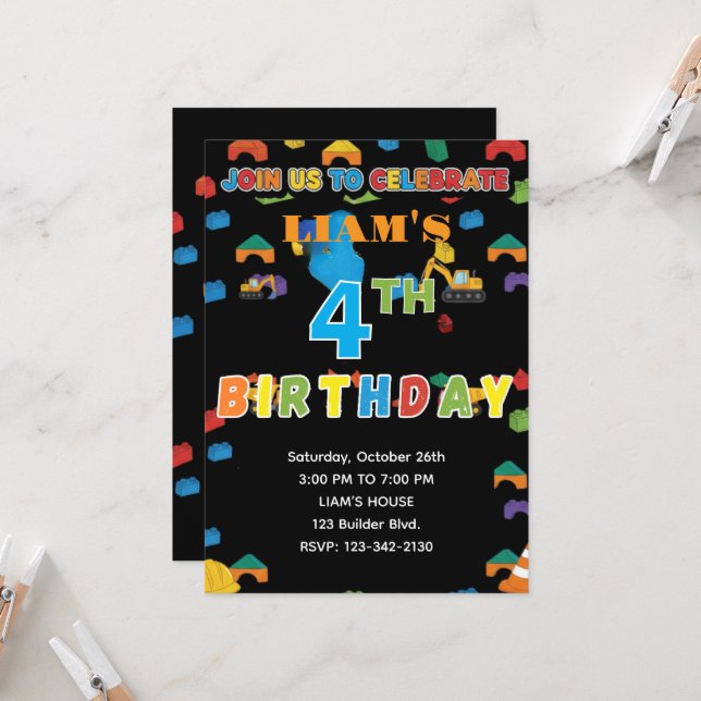 Invitación Fun Customizable Construction Birthday Invitation (Anverso/Reverso In Situ)