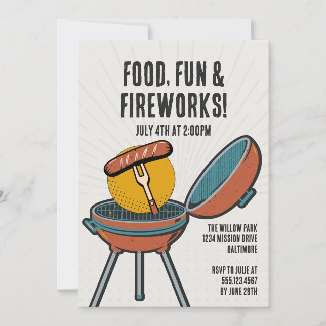 Invitación Fun de comida Fuegos artificiales Barbacoa 4 de ju (Anverso)