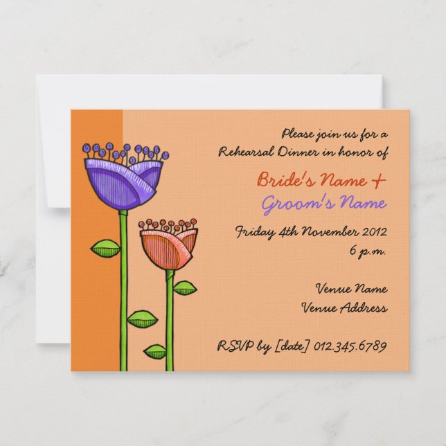 Invitación Fun Doodle Flores naranja ensayo púrpura (Anverso)