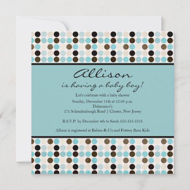 Invitación FUN Dots Blue & Brown Boy Baby Shower (Anverso)