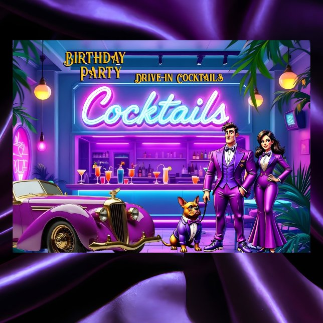 Invitación Fun Drive-in Cocktail Bar Birthday Couple Bulldog (Subido por el creador)