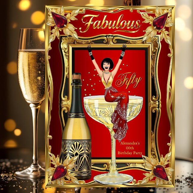 Invitación Fun Fabulous Birthday Red Gold Champagne Party (Subido por el creador)
