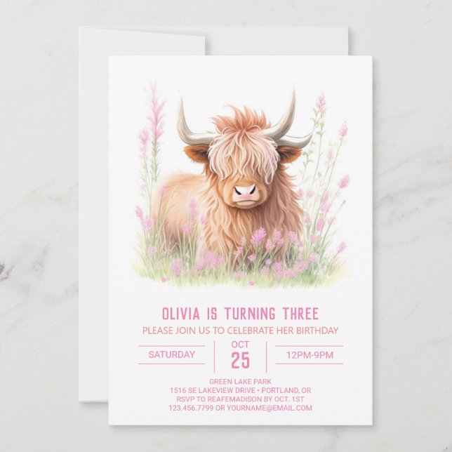 Invitación Fun Farmyard Highland Cow Chica Cumpleaños (Anverso)