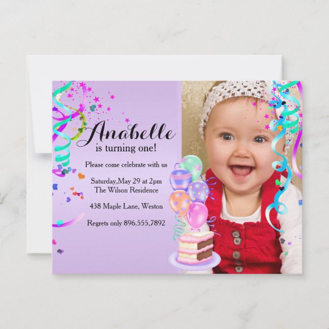 Invitación Fun Fiesta Celebración Purple Primer Cumpleaños (Anverso)