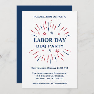 Invitación Fun Fireworks Red White Blue Labor Day BBQ Fiesta