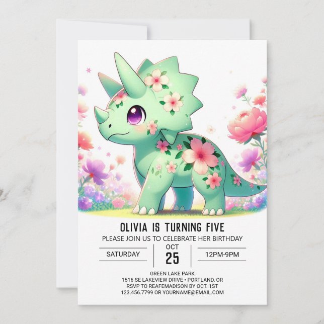 Invitación Fun floral Dinosaur Digital Birday (Anverso)