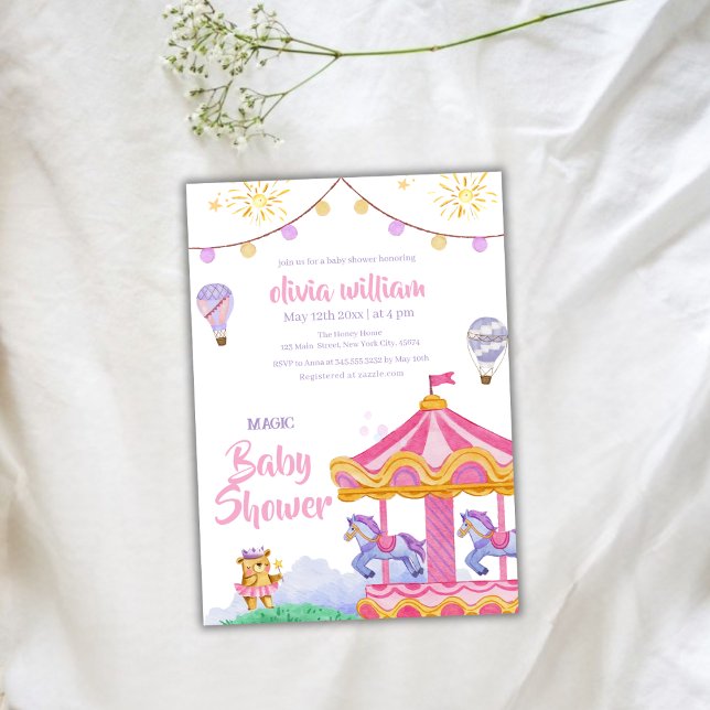 Invitación Fun Girly Magly Carrusel de globo Baby Shower (Fun Girly Magical Balloon Carousel Baby Shower Invitation)