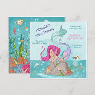 Invitación Fun Girly Pink Hair Mermaid Baby Shower