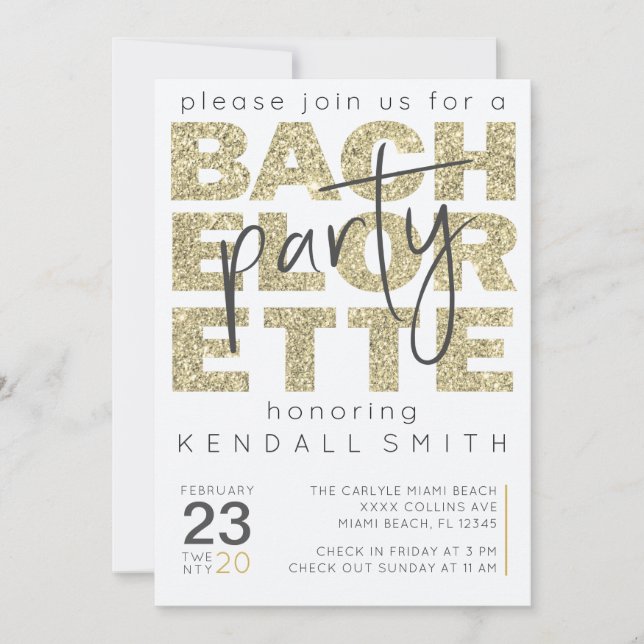 Invitación Fun Glamorosa Esparkle de oro Bachelorette (Anverso)
