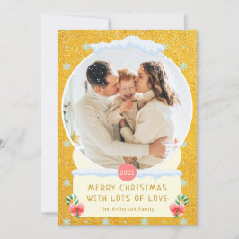 Invitación Fun Gold Merry Christmas Snow Globe Photo Card