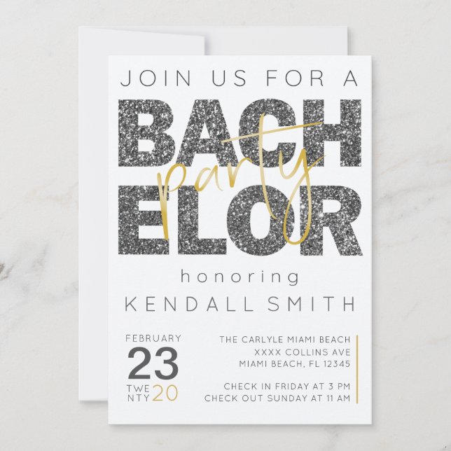 Invitación Fun Gold y Black Sparkle BachelParty (Anverso)