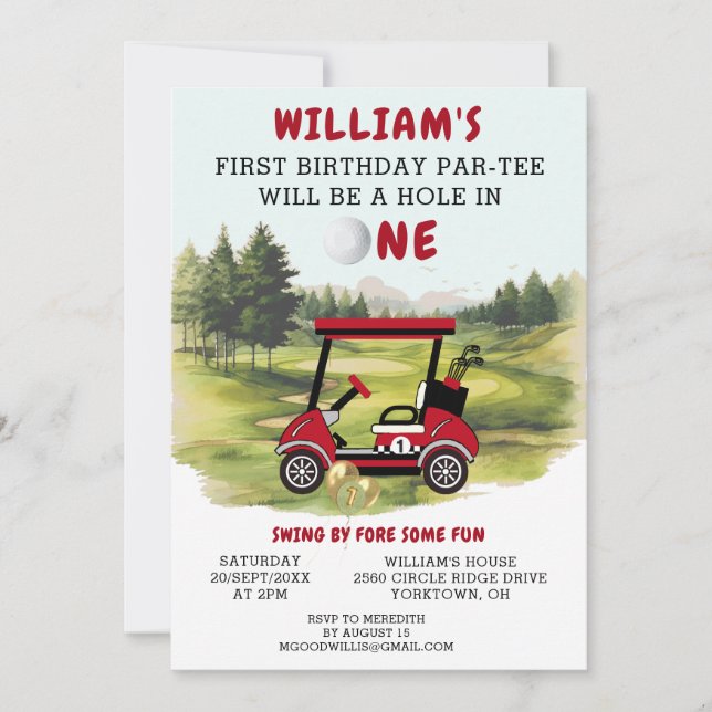 Invitación Fun Golf Red Cart Boy 1er cumpleaños Par-Tee (Anverso)
