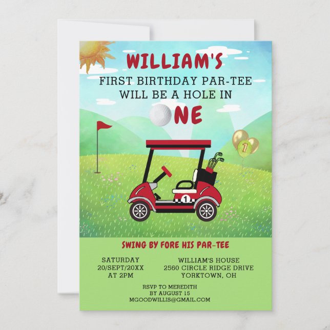Invitación Fun Golf Red Cart Boy 1er cumpleaños Par-Tee (Anverso)