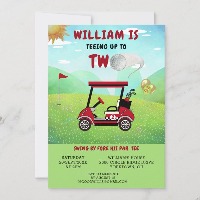 Invitación Fun Golf Red Cart Boy 2 cumpleaños Par-Tee (Anverso)