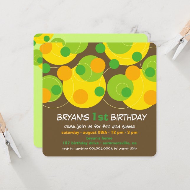 Invitación Fun Green Bubbly Dots Photo Boy Primer Fiesta de c (Anverso/Reverso In Situ)