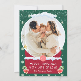 Invitación Fun Green Merry Christmas Snow Globe Photo Card