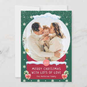 Invitación Fun Green Merry Christmas Snow Globe Photo Card