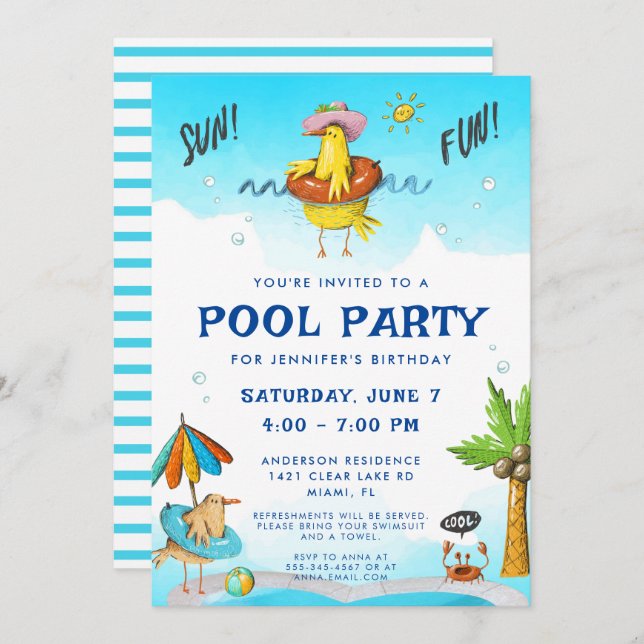Invitación Fun Guay Pool Fiesta Cumpleaños (Anverso / Reverso)
