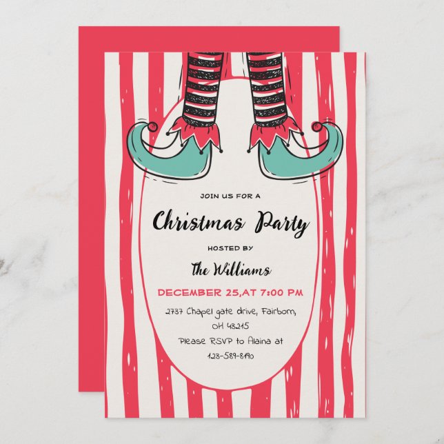 Invitación Fun Hand Drawn Elf Sock Christmas Party (Anverso / Reverso)