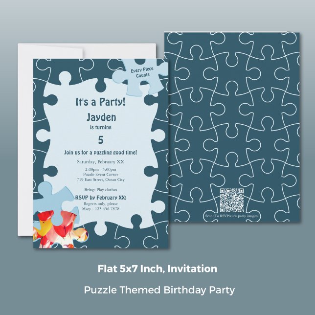 Invitación Fun Jigsaw Puzzle Themed 5th Birthday Party (Fun Jigsaw Puzzle Themed 5th Birthday Party Invitation, Portrait, Flat 5x7 Inch)