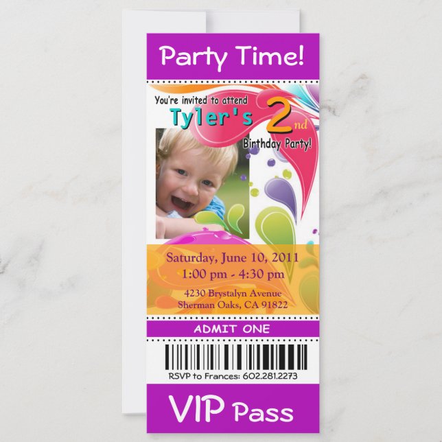 Invitación Fun Kids VIP Evento Ticket Foto Fiesta violeta (Anverso)