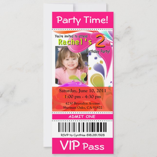 Invitación Fun Kids VIP Pass Evento Ticket Foto Fiesta fuschi (Anverso)