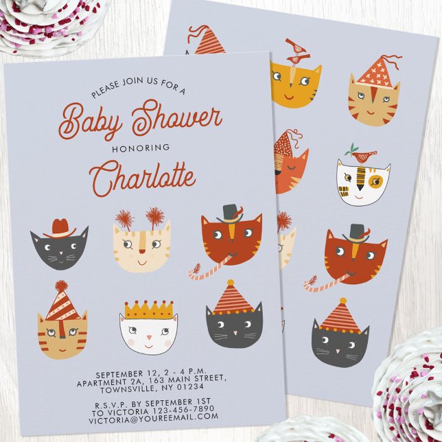 Invitación Fun Kitty Cat Baby Shower personalizado (Cute kitty cat personalized baby shower invitation, gender neutral for a baby boy or girl)