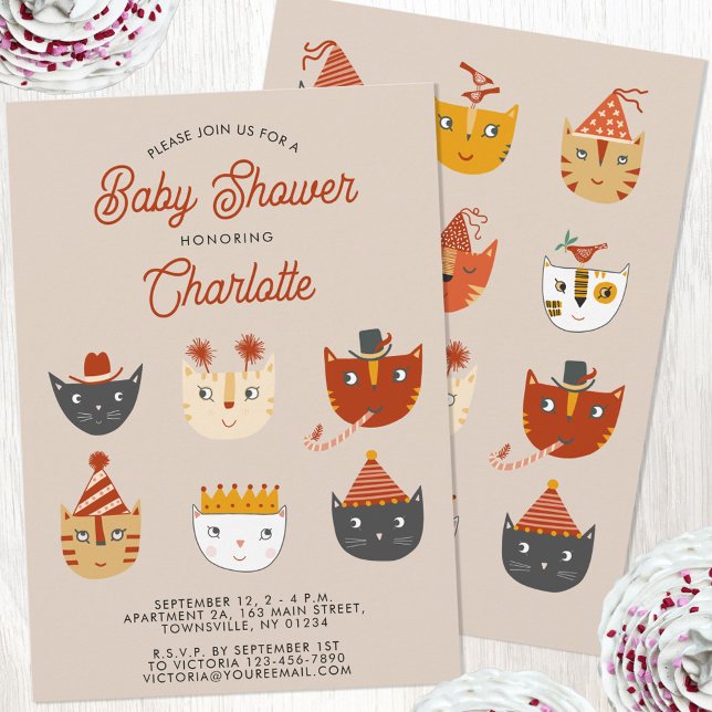 Invitación Fun Kitty Cat Baby Shower personalizado (Personalized cute kitty cat gendern neutral boy or girl baby shower invitation)